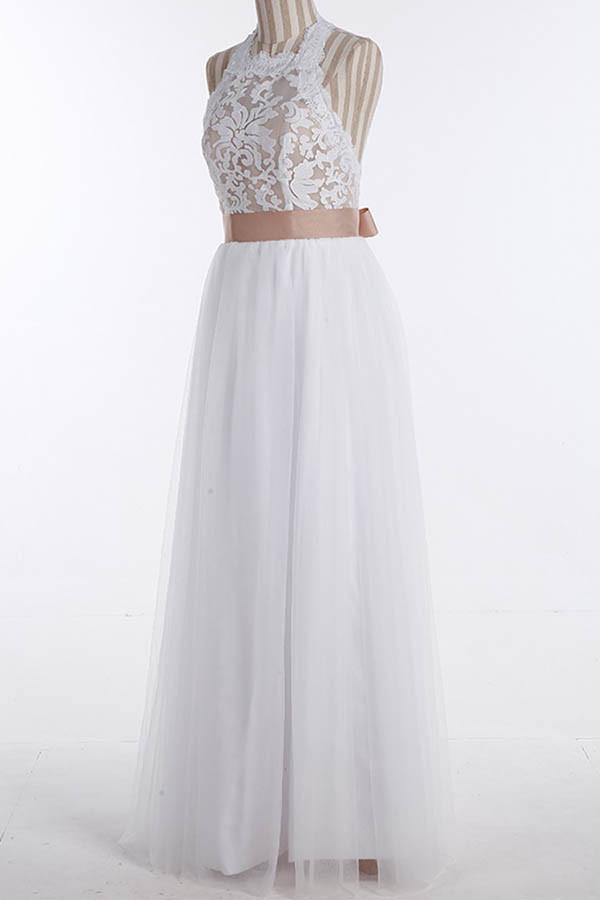 Simple Jewel Sleeveless Floor-Length Lace Top Wedding Dress WD098 - Pgmdress