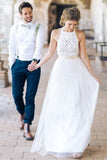 Simple Jewel Sleeveless Floor-Length Lace Top Wedding Dress WD098 - Pgmdress