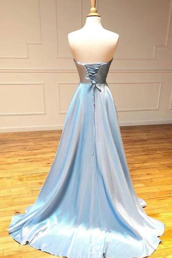 Simple Light Blue Satin Strapless Long A Line Prom Dress PSK099 - Pgmdress