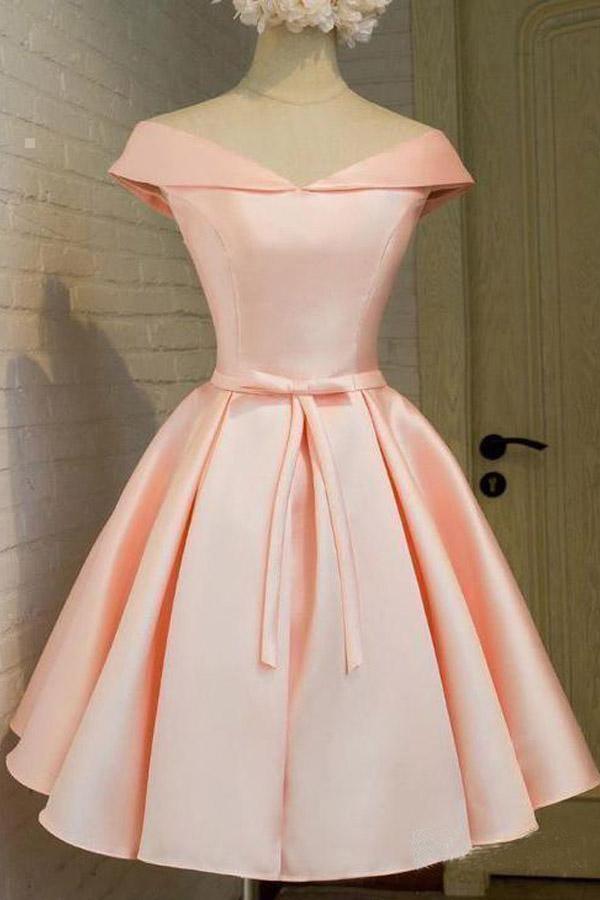 Simple Off the Shoulder Blush Homecoming Dresses Satin Graduation Dress PD288 - Pgmdress