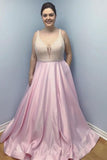Simple Pink Satin Long Prom Dresses with Pockets Beaded Plus Size PG838