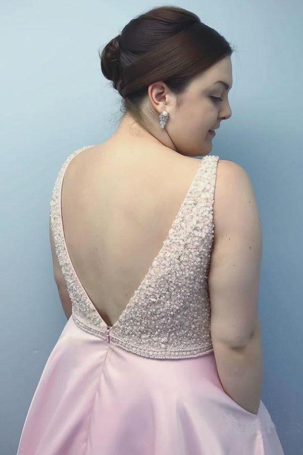 Simple Plus Size Pink Long Prom Dress with Pockets Beaded PG838 US14 / Custom Color Simple Plus Size Pink Long Prom Dress with Pockets Beaded PG838 US14 / Custom Color