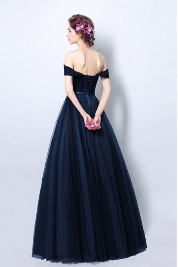 Simple Pleated Dark Navy Blue Formal Dress With Off Shoulder Straps ...