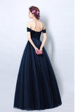 Simple Pleated Dark Navy Blue Formal Dress With Off Shoulder Straps PG706 - Pgmdress