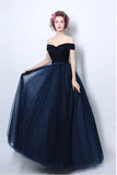 Simple Pleated Dark Navy Blue Formal Dress With Off Shoulder Straps PG706 - Pgmdress