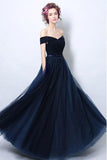 Simple Pleated Dark Navy Blue Formal Dress With Off Shoulder Straps PG706 - Pgmdress