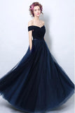 Simple Pleated Dark Navy Blue Formal Dress With Off Shoulder Straps PG706