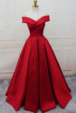 Simple Red Off Shoulder A line Long Evening Prom Dresses PG585