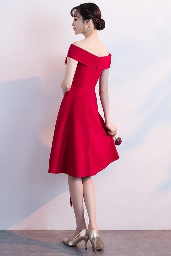 Simple Red Satin Off The Shoulder Homecoming Dresses Party Dresses PD090 - Pgmdress