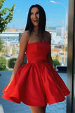 Simple Red Satin Strapless Short Formal Homecoming Dress  PD376