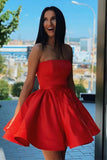 Robe de soirée formelle courte sans bretelles en satin rouge simple PD376