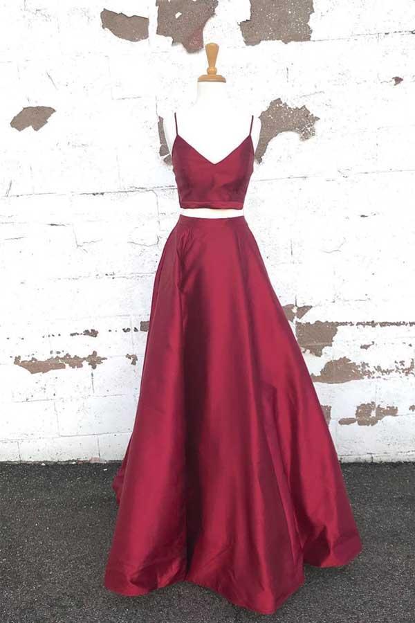 Simple Straps Two Piece Burgundy Long Prom Dress Evening Dress PG624 - Pgmdress