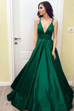Simple V-Neck Floor-Length Satin Burgundy Prom Dress with Pockets PG485 - Pgmdress