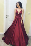 Simple V-Neck Floor-Length  Satin Burgundy Prom Dress with Pockets  PG485