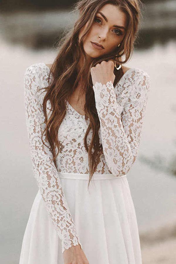 Simple V Neck Open Back Long Sleeves Lace Beach Wedding Dresses WD474 - Pgmdress
