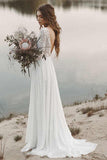 Simple V Neck Open Back Long Sleeves Lace Beach Wedding Dresses WD474 - Pgmdress