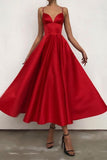 Simple V Neck Satin Burgundy Tea Length Prom/Evening Dresses PSK231