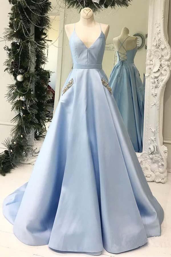 Simple V Neck Sky Blue Satin Long Prom Dresses with Pocket PG807 - Pgmdress