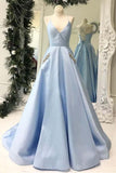 Simple V Neck Sky Blue Satin Long Prom Dresses with Pocket PG807