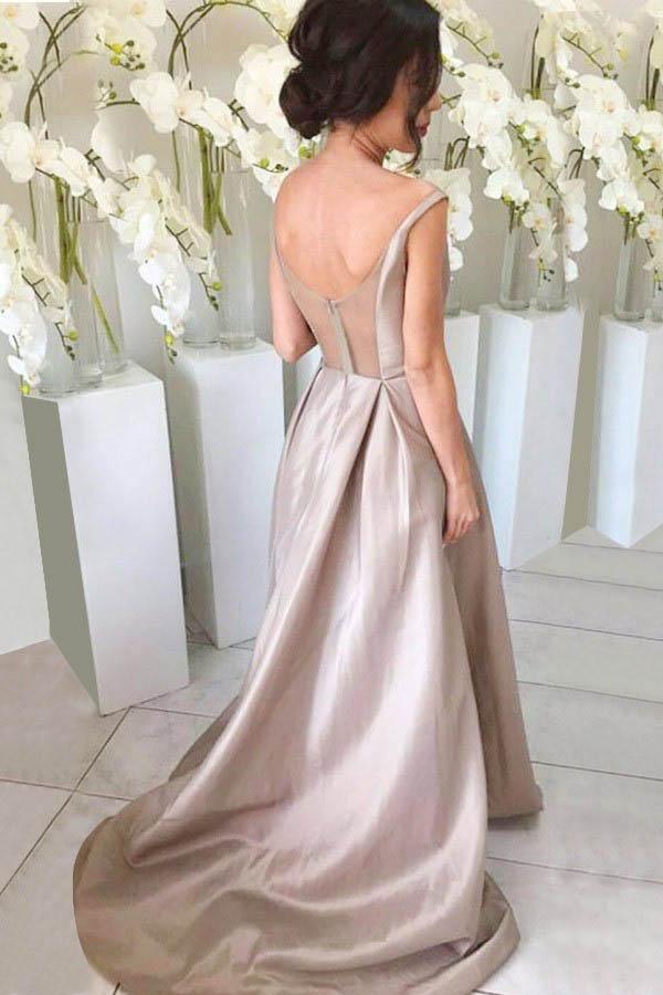 Simple V-neck Sleeveless High Low Sweep Train Silver Bridesmaid Dress BD061 - Pgmdress