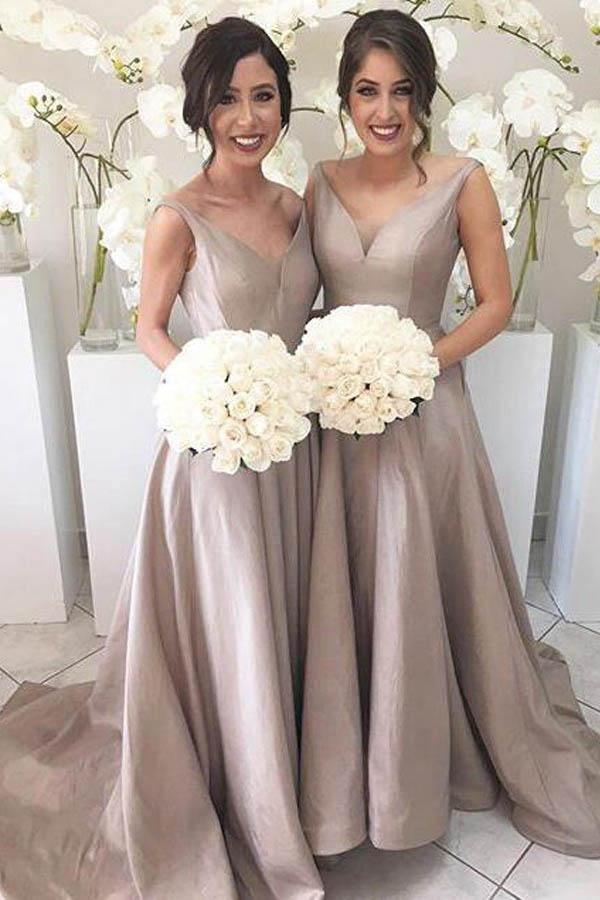 Simple V-neck Sleeveless High Low Sweep Train Silver Bridesmaid Dress BD061 - Pgmdress