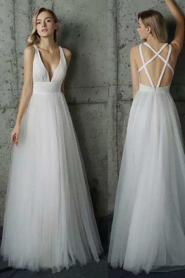 Simply V Neck White Tulle Long Prom Dress PG444 - Pgmdress