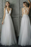 Simply V Neck White Tulle  Long Prom Dress PG444