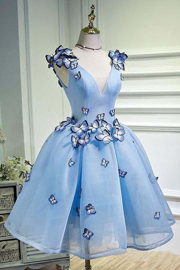 Sky Blue Homecoming Dresses Butterfly Applique Short Prom Dress PD282 - Pgmdress