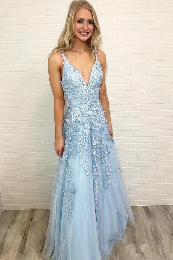 Sky Blue Lace Prom Dresses Long V Neck Rose Red Formal Dress