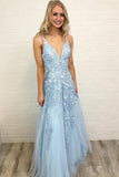 Sky Blue Lace Prom Dresses Long V Neck Rose Red Formal Dress PG810 - Pgmdress