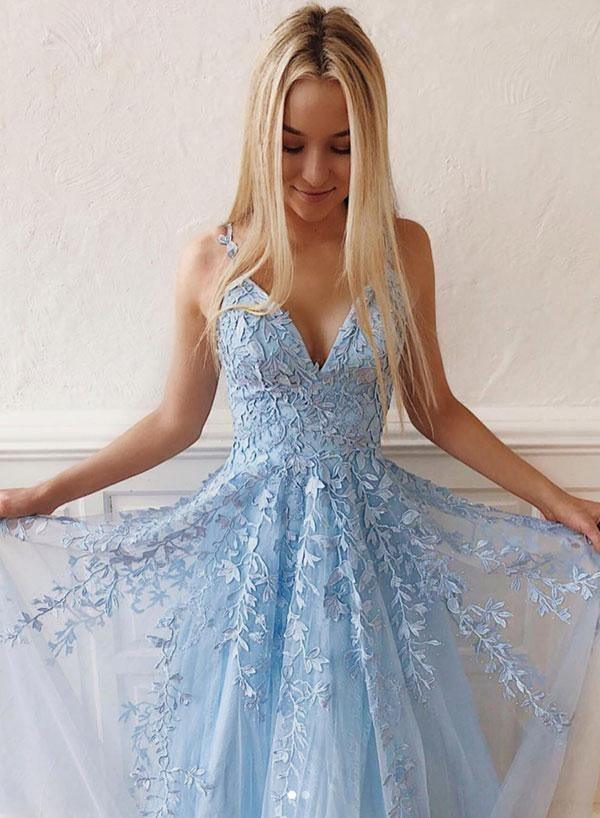 Deep V Neck Light Blue Lace Long Prom Dresses, Light Blue Lace Formal —  Bridelily