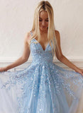 Sky Blue Lace Prom Dresses Long V Neck Rose Red Formal Dress PG810 - Pgmdress