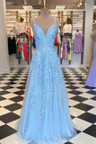 Sky Blue Lace Prom Dresses Long V Neck Rose Red Formal Dress PG810 - Pgmdress