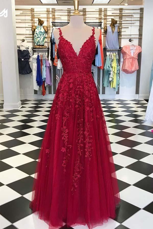 Niende dok Sløset Sky Blue Lace Prom Dresses Long V Neck Rose Red Formal Dress PG810 –  Pgmdress