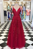 Sky Blue Lace Prom Dresses Long V Neck Rose Red Formal Dress PG810 - Pgmdress