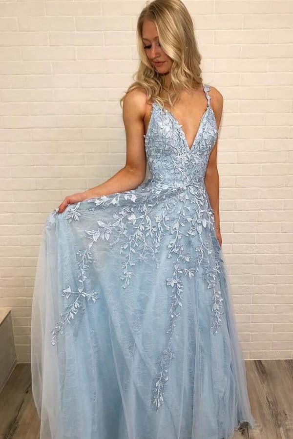 Sky Blue Lace Prom Dresses Long V Neck Rose Red Formal Dress PG810 - Pgmdress