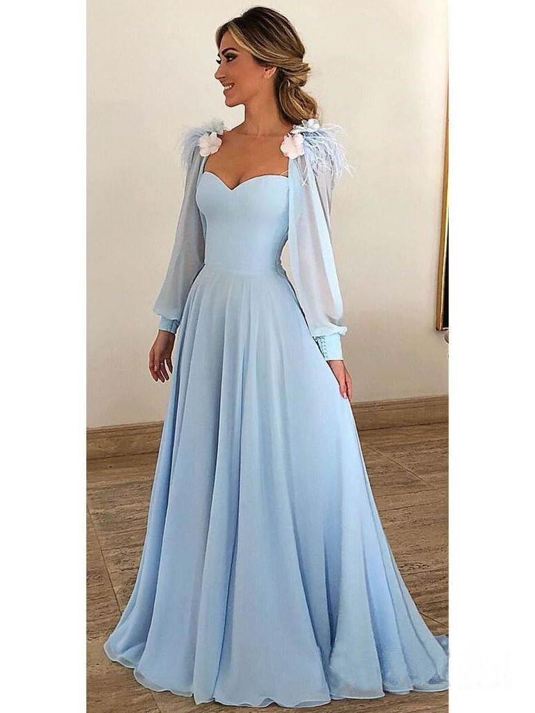 Sky Blue Long Chiffon Prom Dresses with Sleeves Formal Dresses PG803 –  Pgmdress