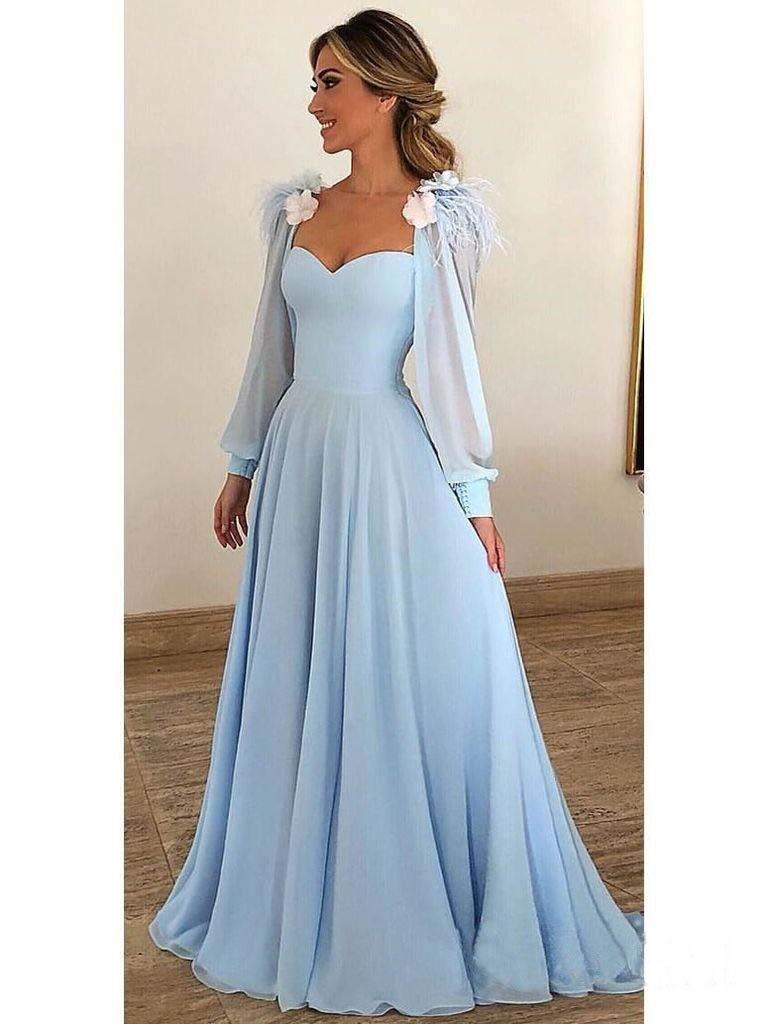 Sky Blue Long Chiffon Prom Dresses with Sleeves Formal Dresses – Pgmdress