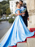 Sky Blue Off The Shoulder Satin Prom Dresses Floral Long Formal Dresses PG991 - Pgmdress