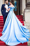 Sky Blue Off The Shoulder Satin Prom Dresses Floral Long Formal Dresses PG991 - Pgmdress