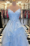 Sky Blue Ruffle Skirt Prom Dresses Spaghetti Strap Junior Prom Dress PG889 - Pgmdress