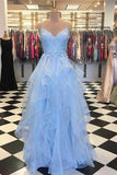 Sky Blue Ruffle Skirt Prom Dresses Spaghetti Strap Junior Prom Dress   PG889
