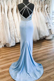 Sky Blue Satin V Neck Sweep Train Beaded Prom Dress Formal Dress PSK019 - Pgmdress