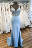 Himmelblaues Satin-Abschlussballkleid mit V-Ausschnitt, Sweep-Zug und Perlen, formelles Kleid PSK019
