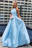 Sky Blue Simple Satin Long Prom Dresses Pearl Skirt Prom Dress with Pocket PG975 - Pgmdress