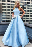 Sky Blue Simple Satin Long Prom Dresses Pearl Skirt Prom Dress with Pocket PG975 - Pgmdress