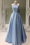 Sky Blue Simple Satin Long Prom Dresses Pearl Skirt Prom Dress with Pocket PG975