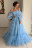 Sky Blue Tulle Off the Shoulder Long Prom Dress Elegant Evening Dresses  PG971