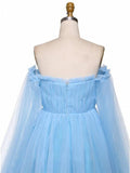 Sky Blue Tulle Off the Shoulder Long Prom Dress Elegant Evening Dresses PG971 - Pgmdress