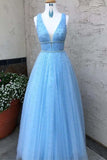 Sky Blue V Neck Beaded Long Prom Dresses Pearls Tulle Cute Prom Dress PG836 - Pgmdress
